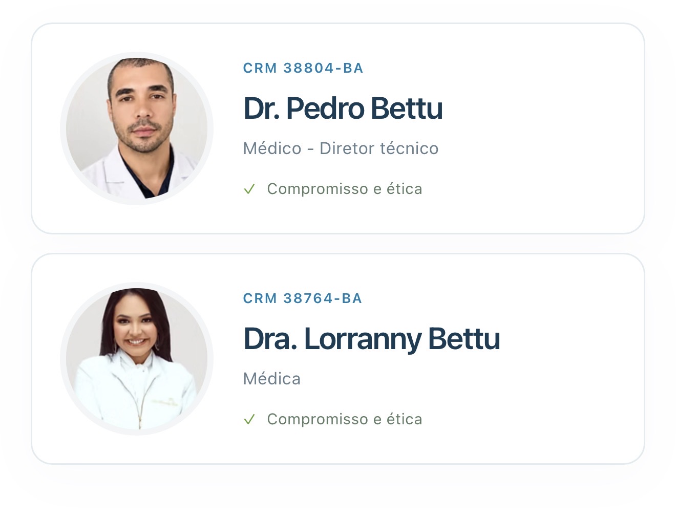 Equipe médica da Central Médica 24h: Dr. Pedro Bettu, CRM 38804-BA, e Dra. Lorranny Bettu, CRM 38764-BA